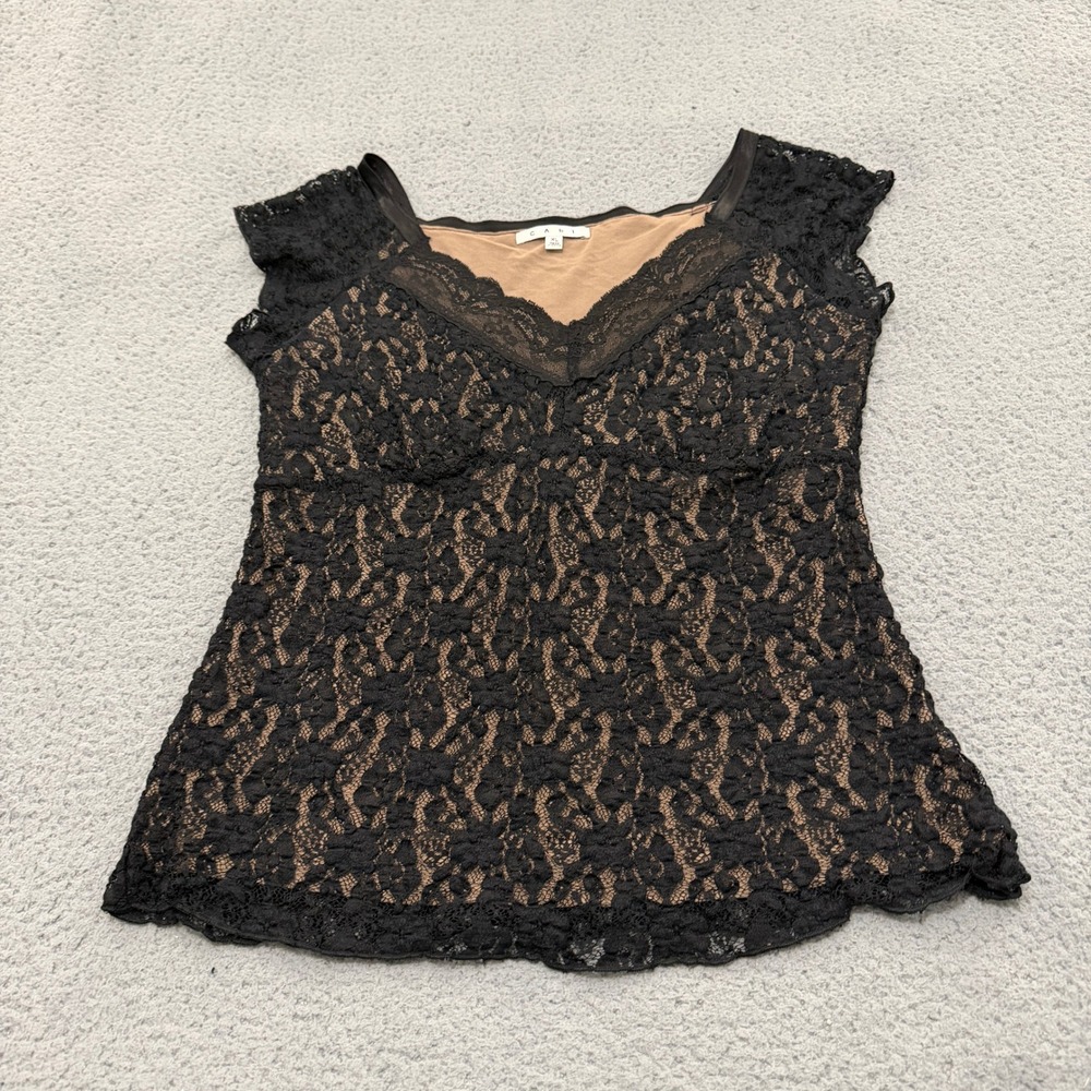 Cabi Top Womens XL Black Floral Lace V-Neck Cap Sleeve Lined Blouse Y2K